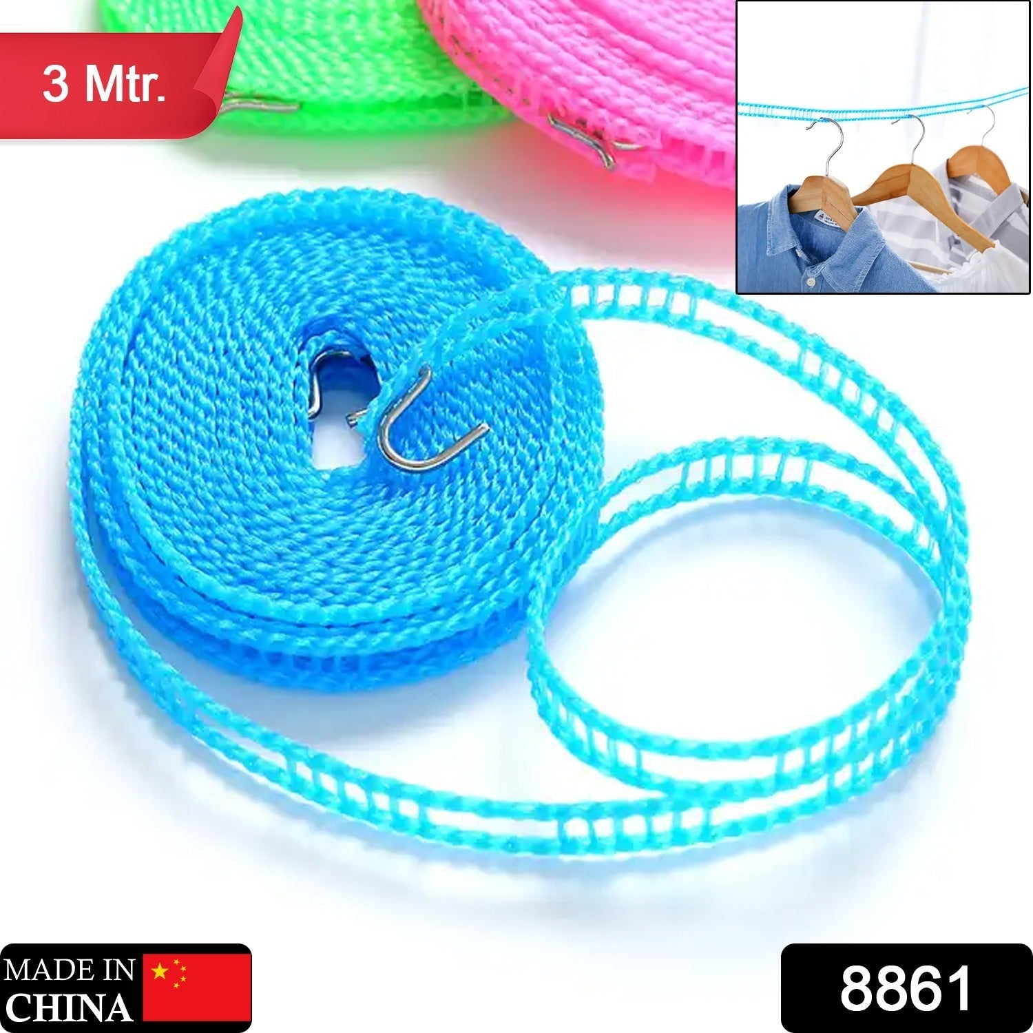 8861 3 Meters Windprood Anti-Slip Clothes Washing Line Drying Nylon Rope with Hooks, Durable Camping Clothesline Portable Clothes Drying Line Indoor Outdoor Laundry Storage for Travel Home Use (3 Mtr.) 8861 3 Meters Windprood Anti-Slip Clothes Washing Line Drying Nylon Rope with Hooks, Durable Camping Clothesline Portable Clothes Drying Line Indoor Outdoor Laundry Storage for Travel Home Use (3 Mtr.)